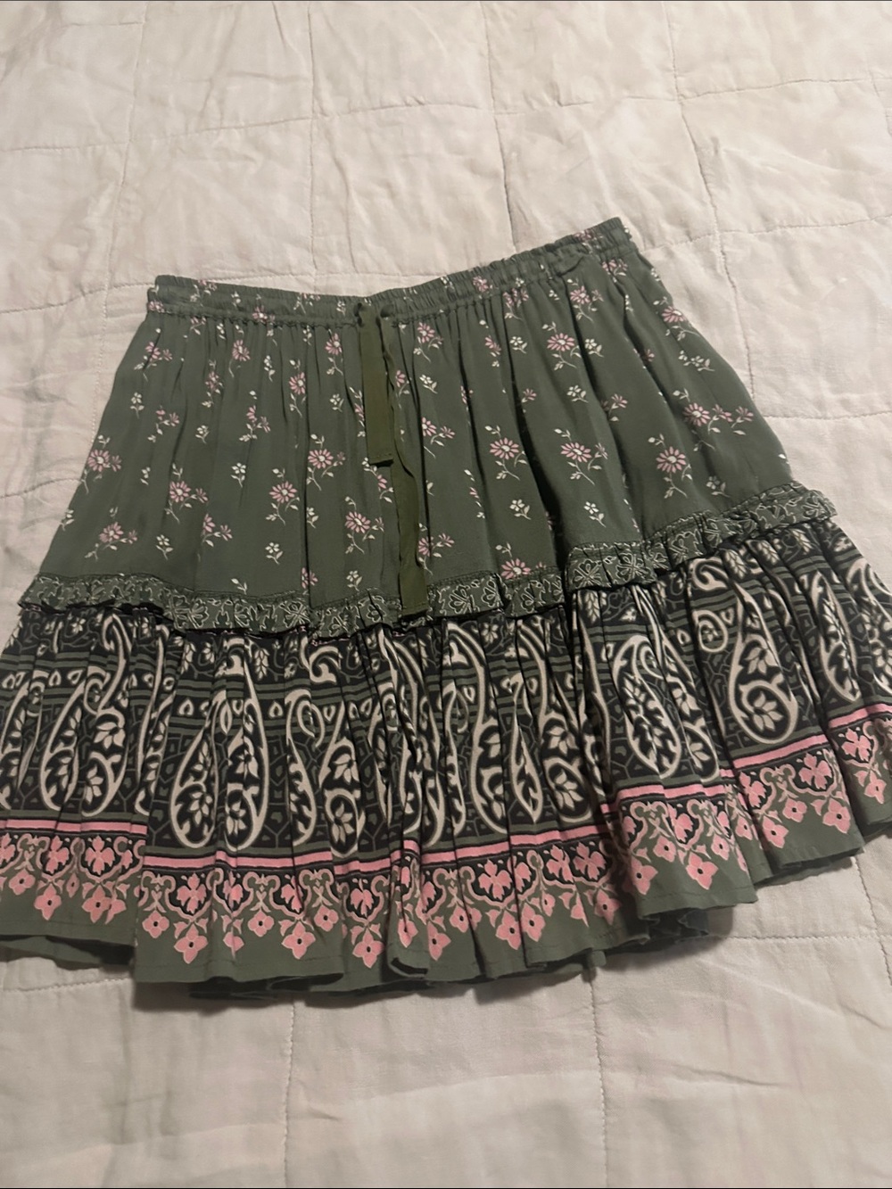 Spell Olive Green Skirt with Pink Floral Border